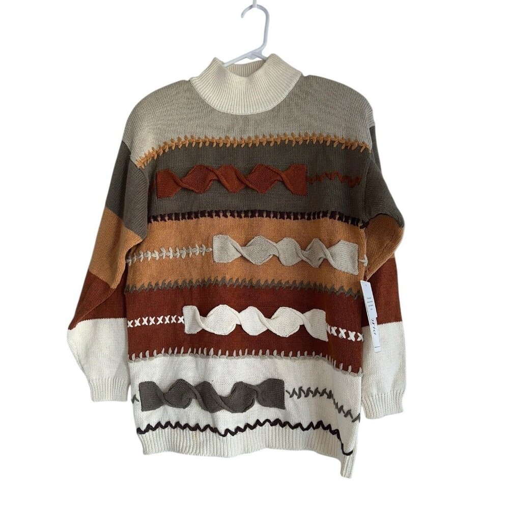 VTG NWT Santoria Womens Sweater Sz M Muted Fall Colors Textured Autumn Mock Neck